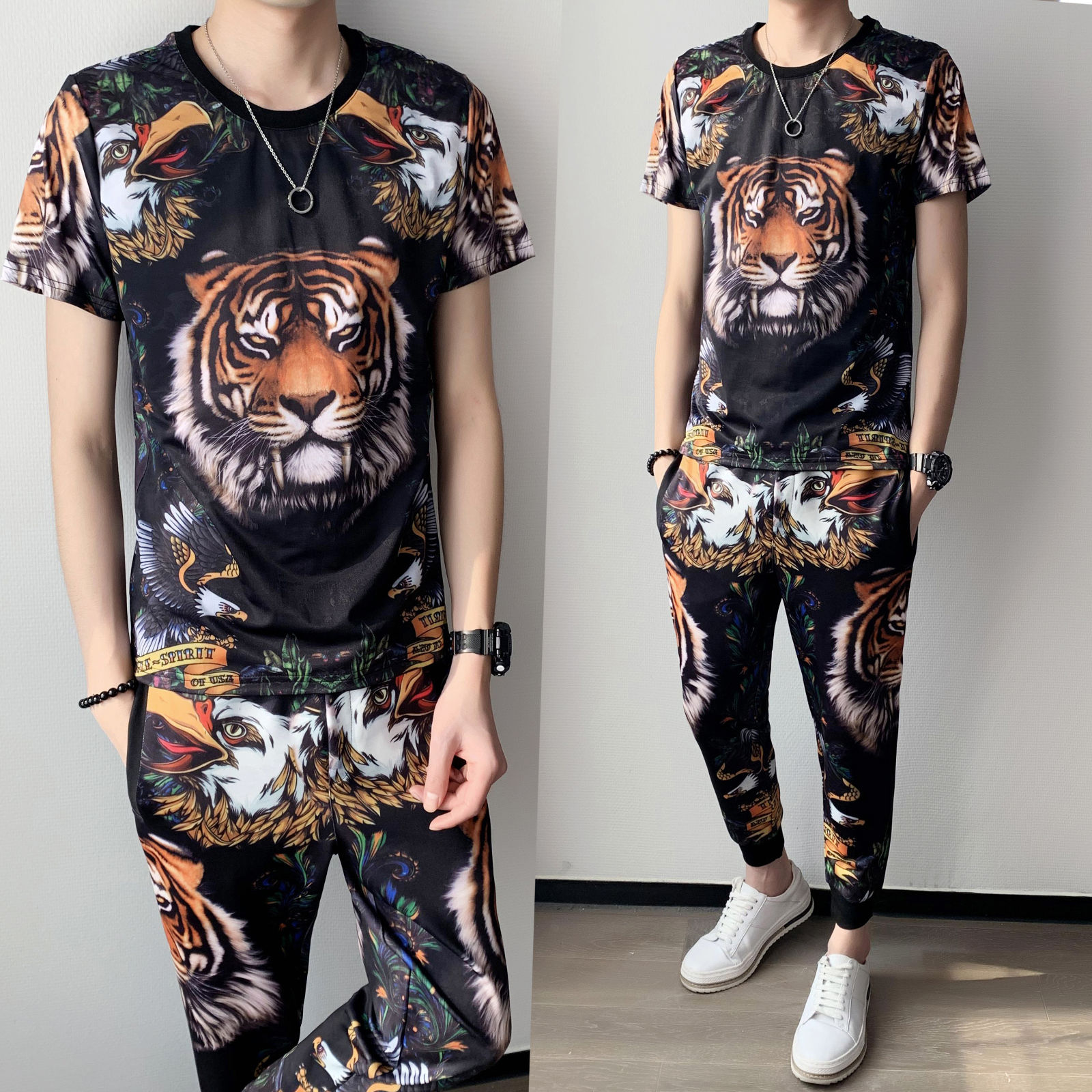 2021 Summer New Fashion Brand Round Neck Tiger Head Printing Short Sleeve Suit Slim Two Piece Trainingspak Heren Spring Set Men Syxt, Black
2021 Summer New Fashion Brand Round Neck Tiger Head Printing Short Sleeve Suit Slim Two Piece Trainingspak Heren Spring Set Men Syxt, Black