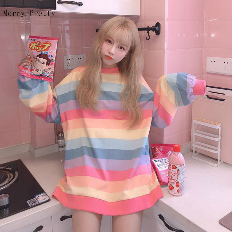 Pink Rainbow Striped Oversize 2xl T Shirts For Women Summer Long Sleeve O-neck T Shirt Korean Style Ladies Tops Tees 210302