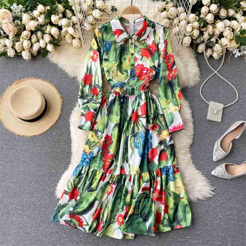 Spring Green Print stitching Handmade Diamond Buckle Big hem High waist Mid-calf Dress 210602
Spring Green Print stitching Handmade Diamond Buckle Big hem High waist Mid-calf Dress 210602