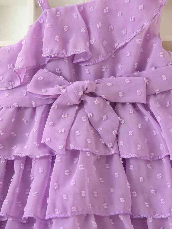 Baby Swiss Dot Asymmetrical Neck Layered Hem Belted Dress SHE