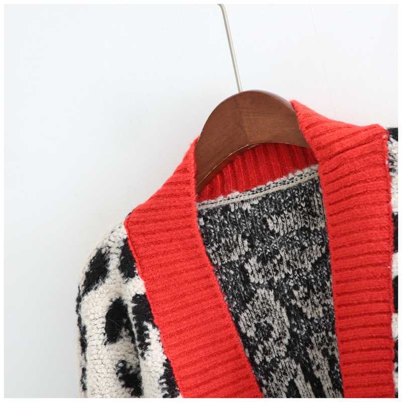 Open Stitch Leopard Casual Cardigans Women Fashion Long Sweater and Red Yellow Oversized Knit Jacket Out Coat 210914