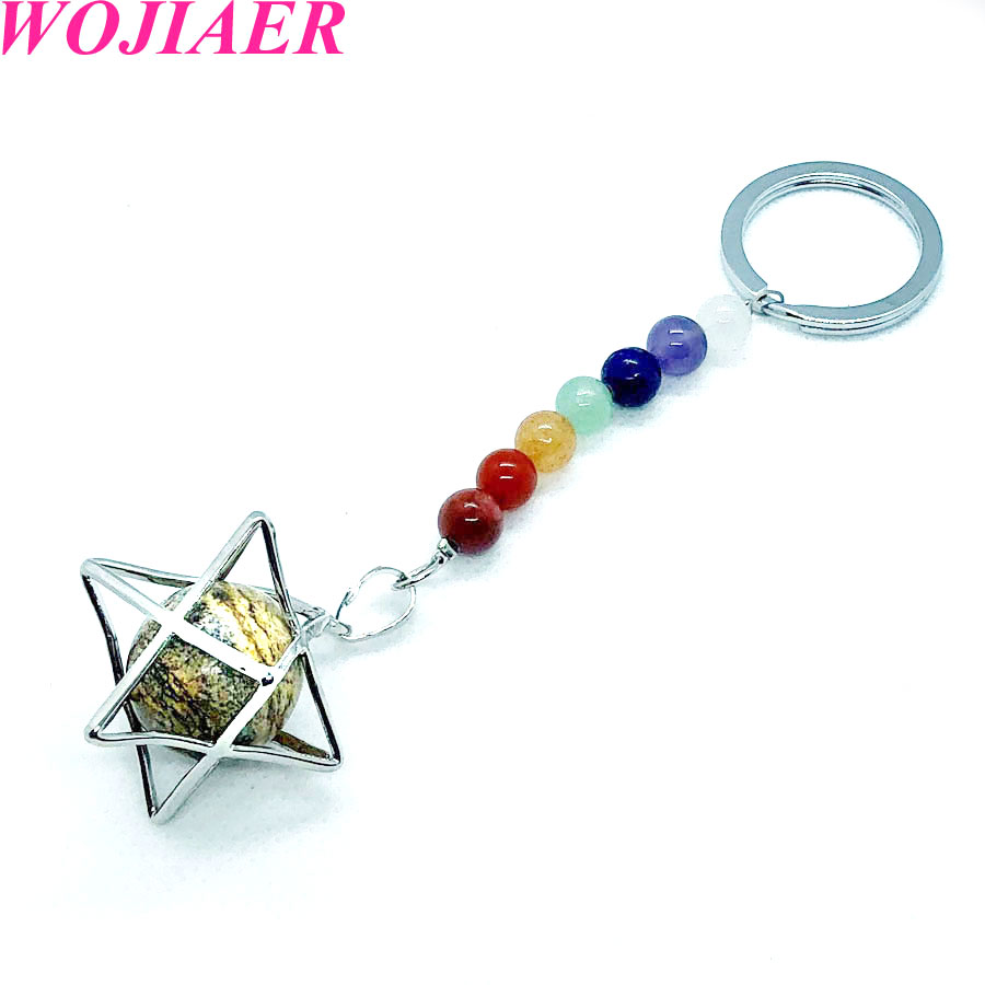 WOJIAER 7 Chakra Quartz Keychain Natural Gem Stones Beads Key Ring Merkaba Locket Pendant Car Bags Accessories Jewelry BW909