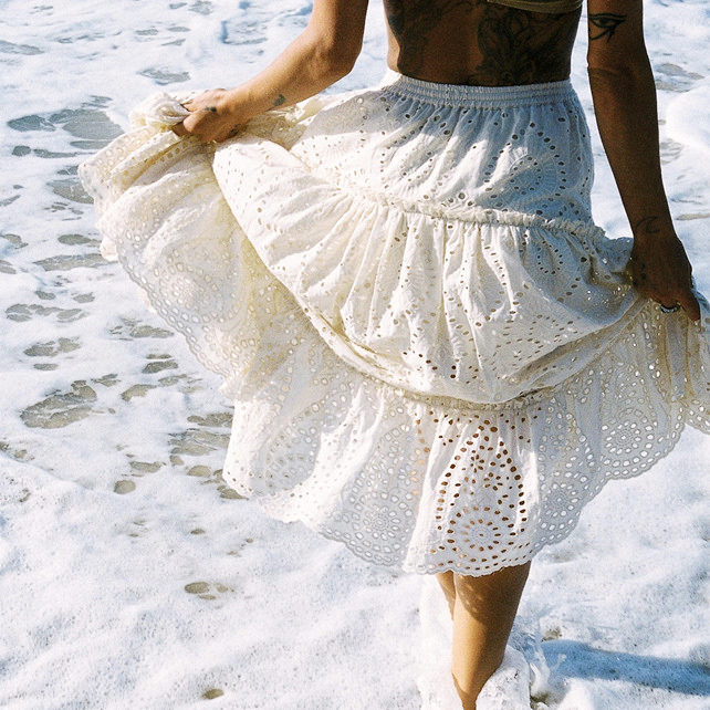 Maxi Lace Skirt Women 100% Cotton Casual Tassel Laceup Waist Elastic Hollow Out Long Skirts Summer Beach Holiday Skirt 210306