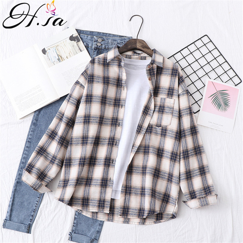 H.SA Women Casual Plaid Shirts Loose Style ladies tops Yellow Blouses Tunic Spring Oversized Blouses and Shirt 210225