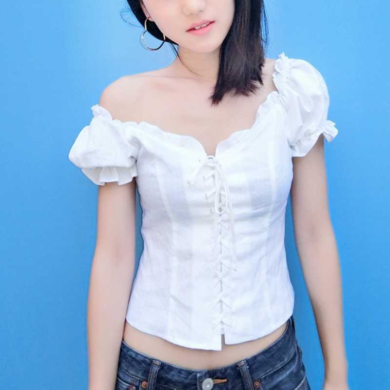 Kawaii Korean Style Summer T Shirt Women Square Neck Mesh Top Lace Up Ruffle Tshirt White Elegant Sexy Boho Streetwear UW8 210603