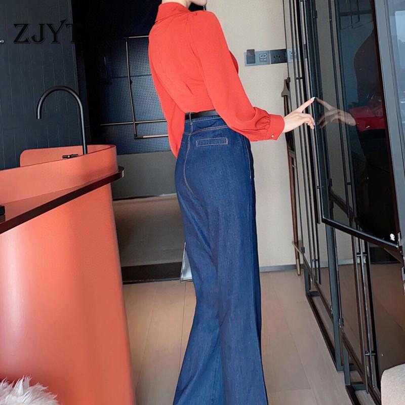 Women's Two Piece Pants Elegant Spring Runway Designers Women Outfits 2021 Fashion Long Sleeve Blouse And Wide Leg Jeans Suits Sets