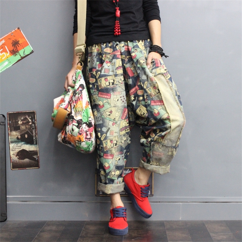 Pants Female Summer Plus Size Women Spring Harem Pants Print Loose Trousers High Elastic Waist Boyfriend Jeans Woman Korean T200521