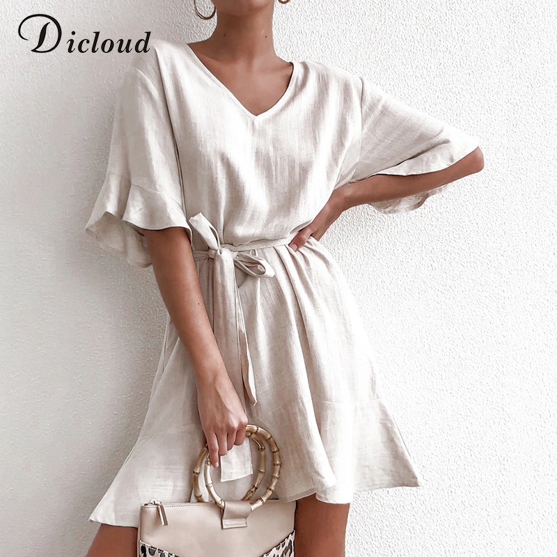 DICLOUD Casual Solid Cotton Linen Dresses Women Summer Short Sleeve V Neck Mini Party Dress Ladies Aline Summer Outfit 210303