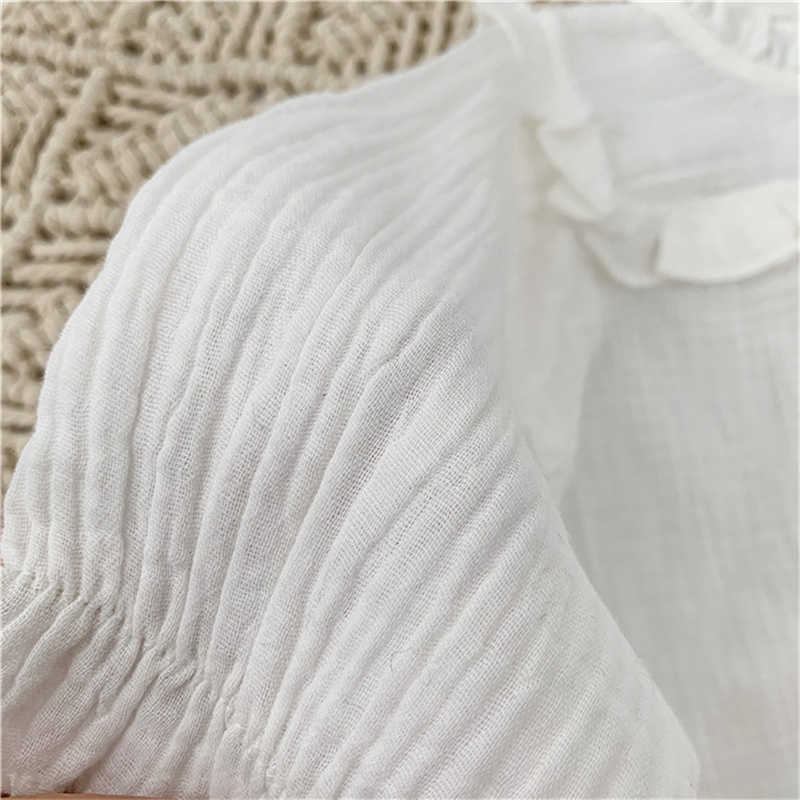 Korean style girls fashion solid color pajamas set children cotton linen ruffles long sleeve sleepwear clothes 2pcs suit 210615