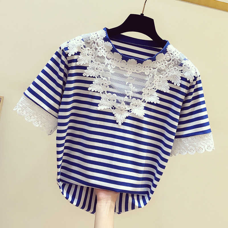 SuperAen Summer Sweet Lace Patchwork O Neck Striped T-shirt Women Casual Top 210615, Blue
SuperAen Summer Sweet Lace Patchwork O Neck Striped T-shirt Women Casual Top 210615, Blue