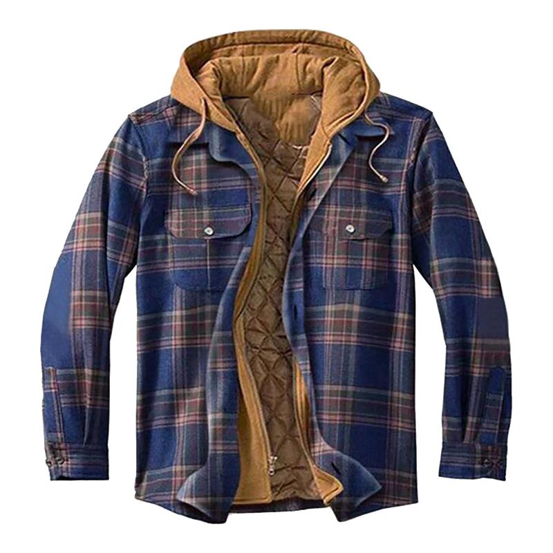 Men's Jackets European American Quilted Lined Button Down Cotton Plaid Autumn Winter Shirt Add Velvet Warm Long-sleeved Jacket With Hood