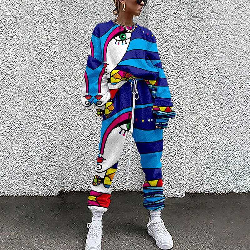 Women Tracksuit Two Piece Pullovers Cloting Long Sleeve Tie-dye Print Female Tops And Elastic Waist Pants Slim Casual Streetwear 210709