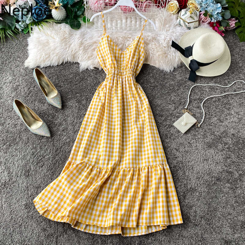 Neploe High Waist Hip Plaid A Line Vestido Holiday Beach Elegant Ruffles Sleeveless Camis Dress V Neck Summer Ropa 1A872 210623