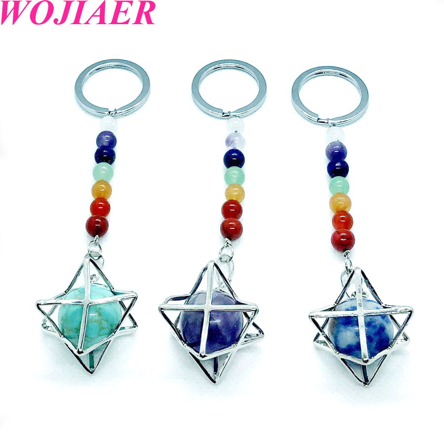 WOJIAER 7 Chakra Quartz Keychain Natural Gem Stones Beads Key Ring Merkaba Locket Pendant Car Bags Accessories Jewelry BW909