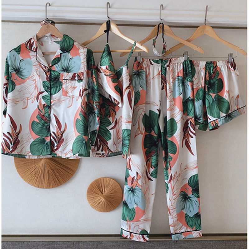 JULY'S SONG Women Pajamas Set 7 Pieces Satin Stripes Faux Silk Printing Pajamas For Woman Spring Summer Sleepwear Homewear 210924