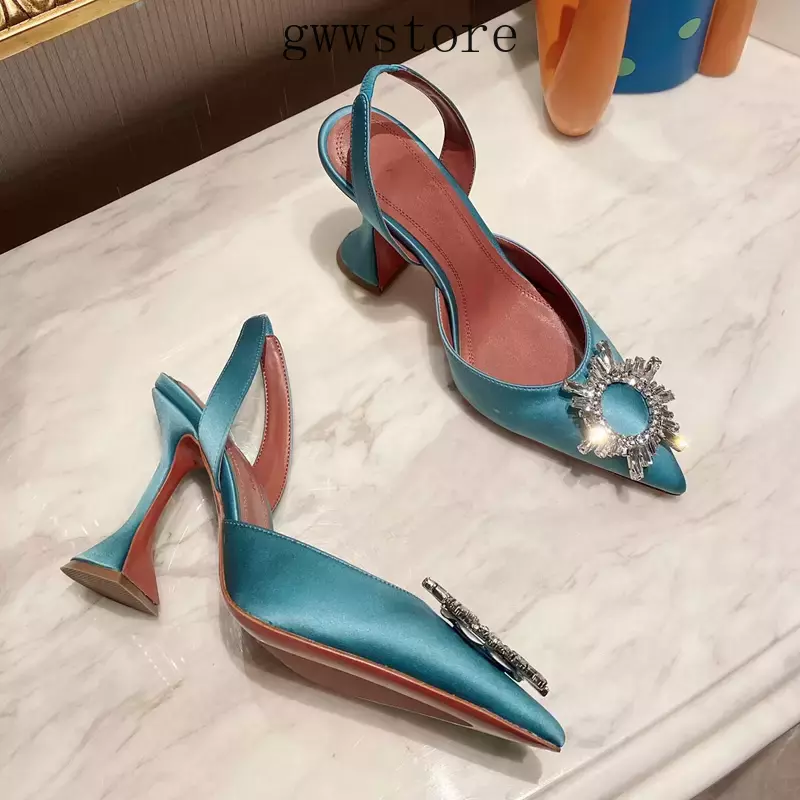 

2022 designer womens high heeled sandals shoes pointed toes sunflower crystal buckle embellished studded sandal summer fashion 10cm heel leather sole women sho, Blue