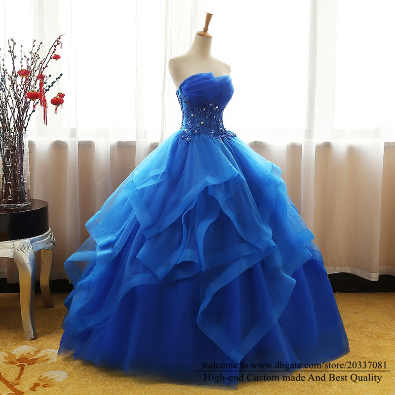 Quinceanera Dresses 2021 Sexy Appliques Crystal Royal Blue Party Prom Formal Lace Up Princess Ball Gown Tulle Vestidos De 15 Anos Q37