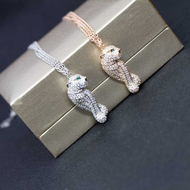 Trendy Elegant Leopard Cross Leg Charm Necklace Zircon Green Eyes Animal Panther Necklace Long Chain Women Brand Wedding Jewelry X0707 - view 5