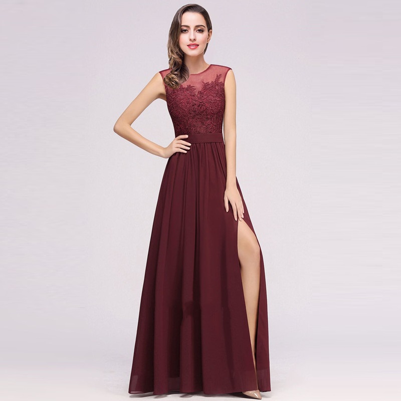 Blush Pink Long Bridesmaid Dresses Chiffon Lace Appliqued Floor Length High Slits Maid Of Honor Prom Gowns Wedding Guest Dress