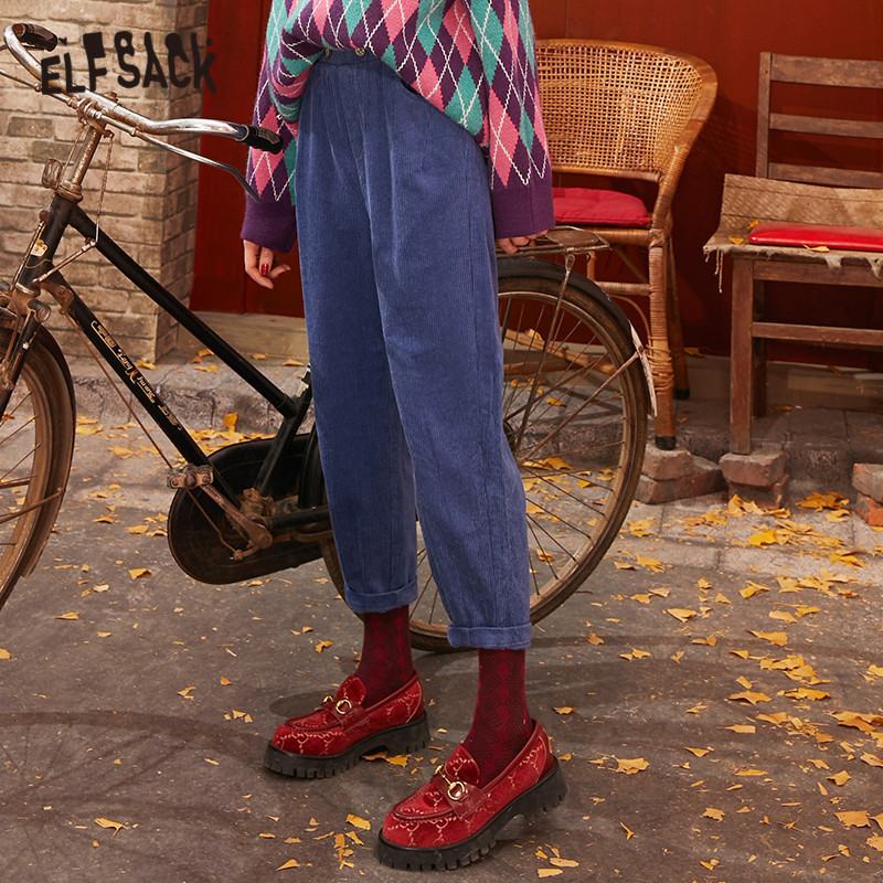 ELFSACK Blue Solid Corduroy Korean Casual Women Pants Spring Apricot Elastic Waist Straight Ladies Basic Daily Trouser 201012