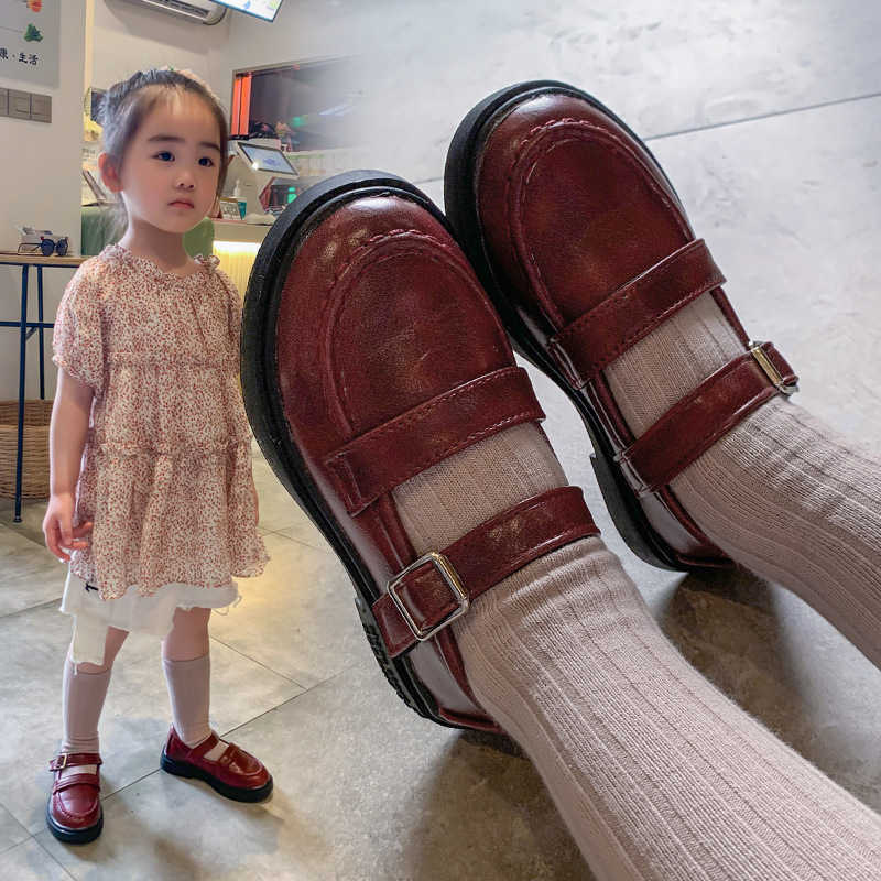 Girls Leather Shoes 2021new British Style Retro Princess Single Shoes Children Shoes Kids Princess Sweet Cute for Wedding Hot X0703