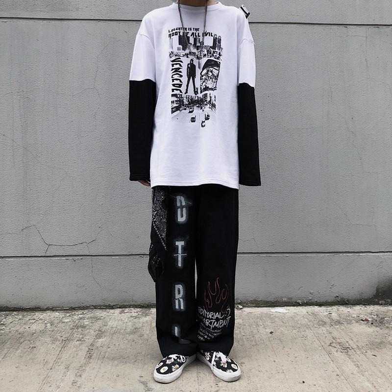 QWEEK Oversized Mall Goth Pants Grunge Aesthetic Punk Wide Leg Pants Women Streetwear Graffiti High Waist Pants Women Trousers 211006