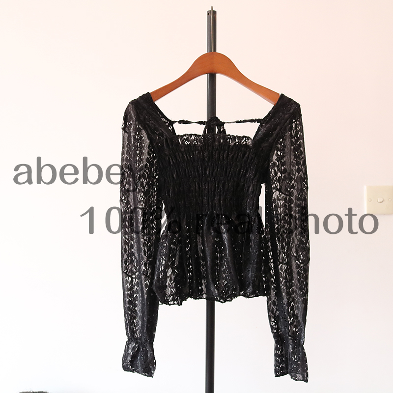 Chic Ruffled Elastic Waist Slimming Square Collar Long Sleeve Hollow Lace Blouse Woman Solid Color Elegant Shirts Tops K248 210225