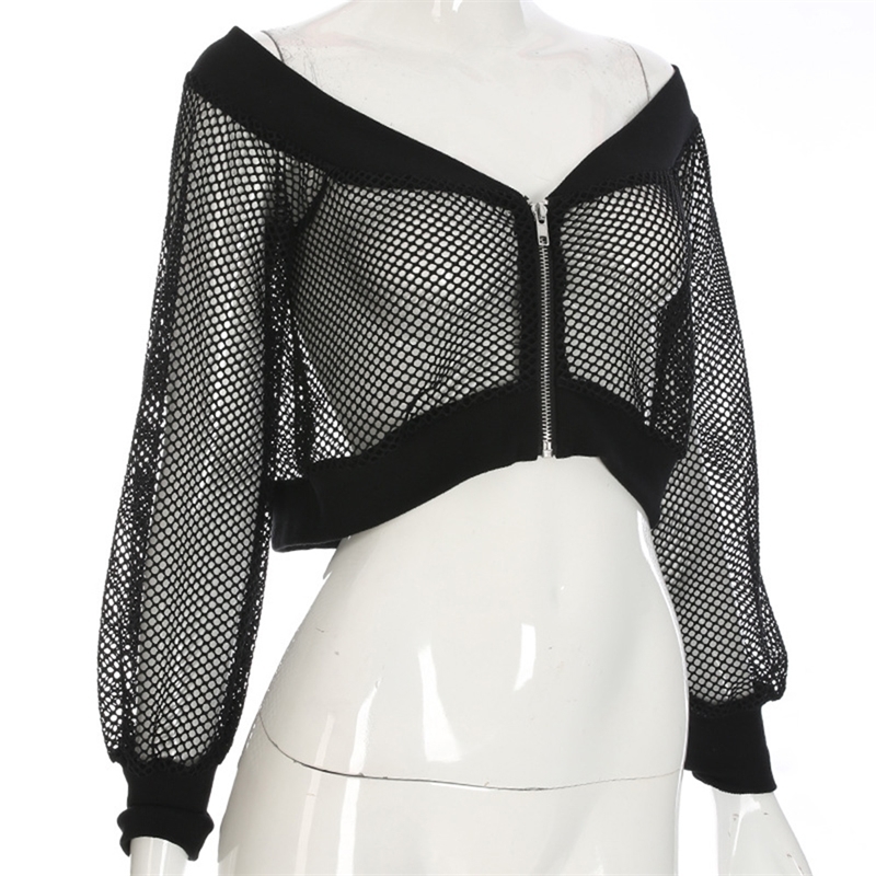 Rosetic Gothic Sexy Short Women Blouse Black Mesh See-Through Slash Neck Hollow Off Shoulder Long Sleeve Club Street Goth Blouse T200321