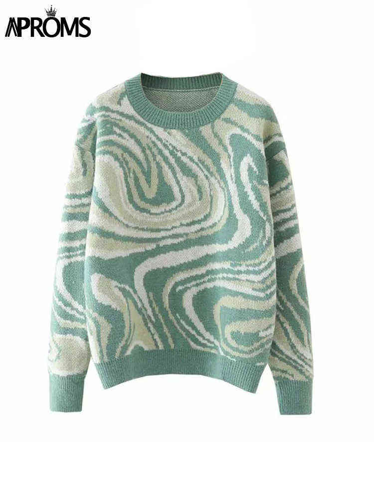 Aproms Elegant Green Tie Dye Knitted Sweater and Pullovers Women Winter Long Sleeve Warm Ribbed Jumper Female Slim Top 211218wtt