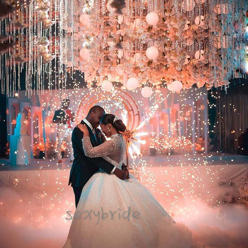 2021 Luxury African Ball Gown Wedding Dresses Major Beading Beads Long Sleeve High Neck Crystals Belt Wedding Dress Bridal Gowns