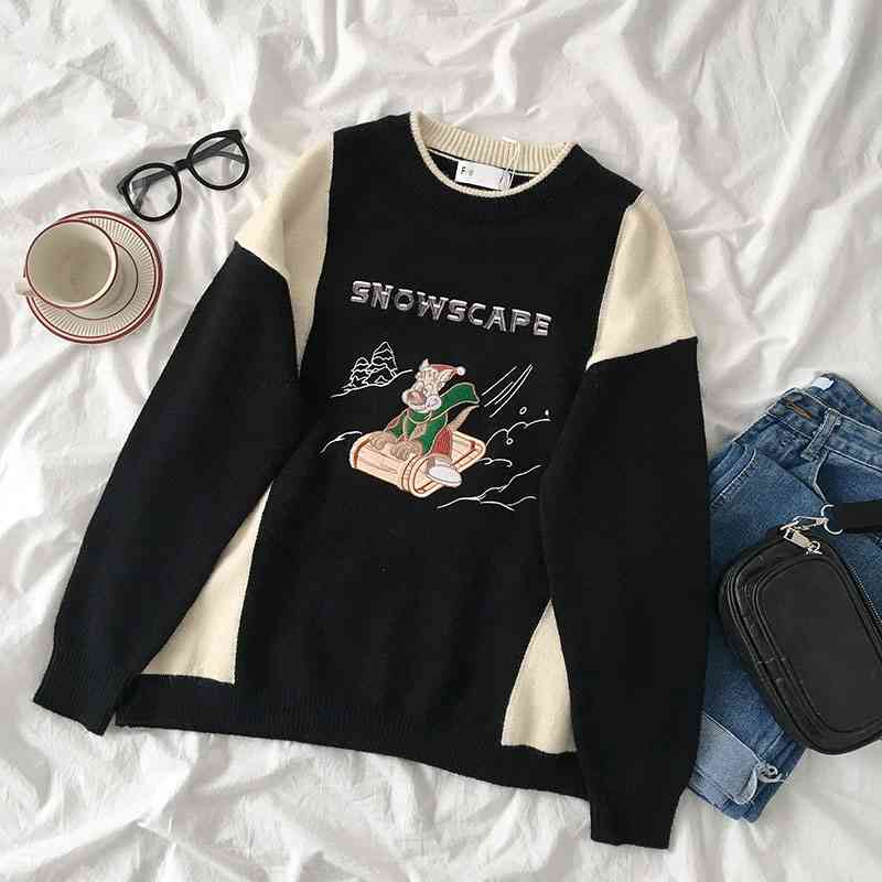 Women Vintage Sweater Fashion Autumn Winter Loose Korean Oversize Pullover Top Woman Cute Cartoon Embroidery Knit Sweaters 210602, Black
Women Vintage Sweater Fashion Autumn Winter Loose Korean Oversize Pullover Top Woman Cute Cartoon Embroidery Knit Sweaters 210602, Black