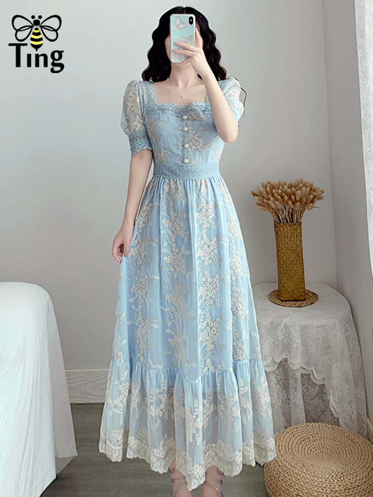 Tingfly Sweet Soft Girl A Line Dress Summer Lace Embroidery Button Decor Party Dresses Casual Street Boho Vestido Midi Feminino 210303