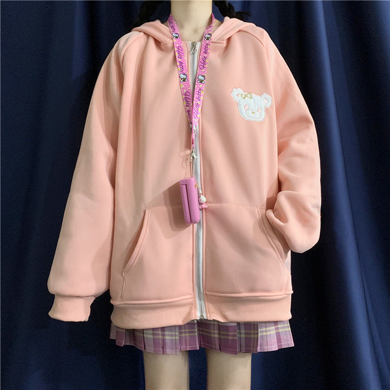 HOUZHOU Korean Style Women Hoodies Winter Fashion Kawaii Rabbit Ears Sweatshirt Long Sleeve Loose Embroidery Zip Up Hoodie 201211