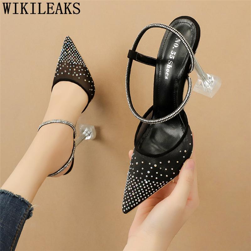 Dress Shoes Rhinestone Sandals Fetish High Heels Women Summer Pumps 5cm Ladies Luxury Sexy, Heels hight 9.5 cm