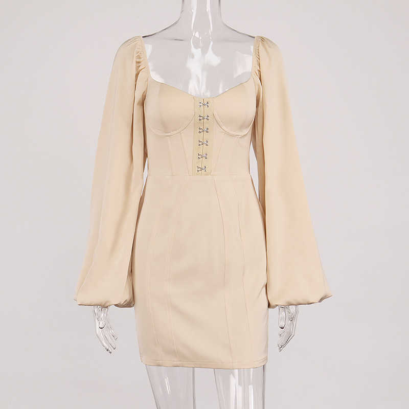 DEAT Women Spring Autumn Arrivals Solid Color Slim Long Lantern Sleeve Square Collar Sexy Temperament Dress MZ037 210709