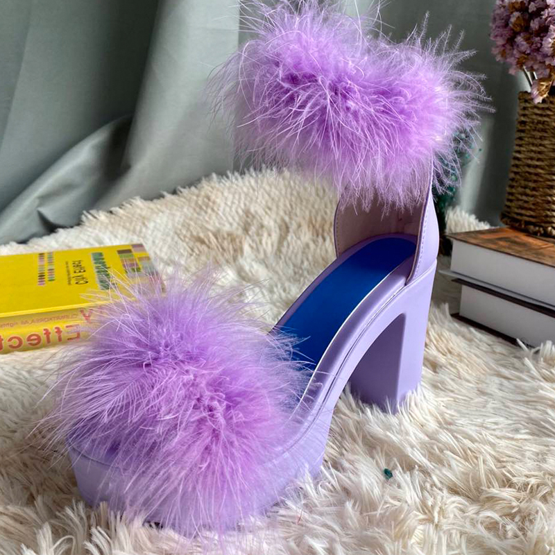Woman Furry High Heels Pumps Buckle Platform Heels Sandals With Fur Women Square Heel Ankle Strap Open Rubber Party 2020 J2023