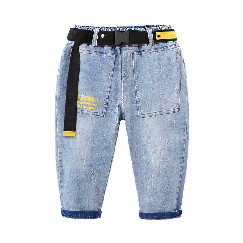 Baby Letter Jeans Spring Children's Clothing Kids Big Pocket Demi Pants With Belt Teens Casual Loose Trousers For Boys 210529