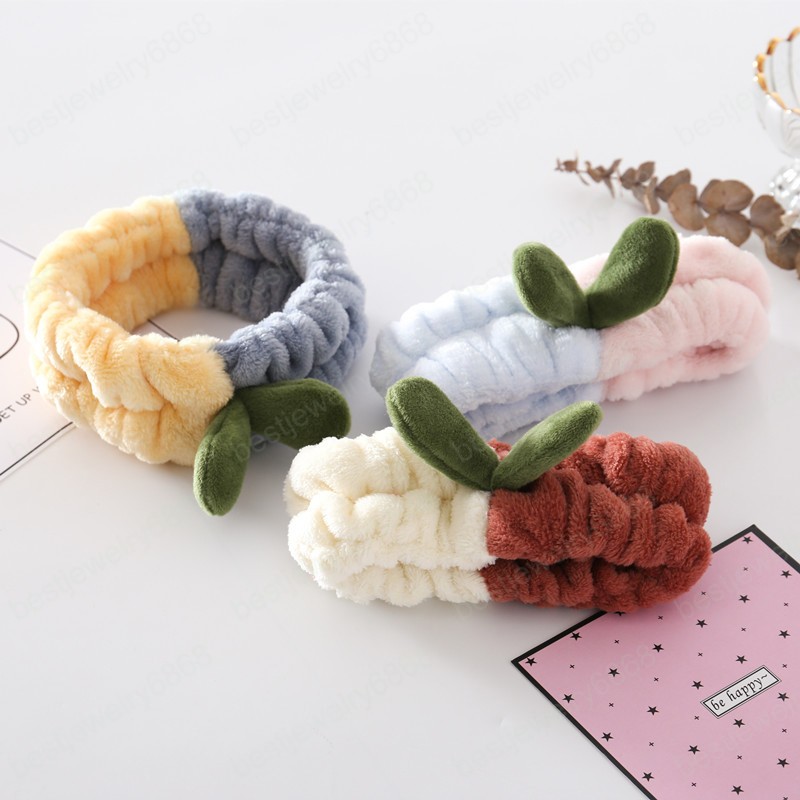 Coral Fleece Headband Grass Bud Hairband Elastic Hair Band Splicing Color Headwrap Turban Makeup Plush Hair Accessories