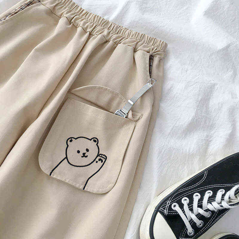 Lovely Embroidery Wide Leg Pants Women Casual Harajuku High Waist Loose Fashion Long Female Khaki Black Straight Bottoms 211115