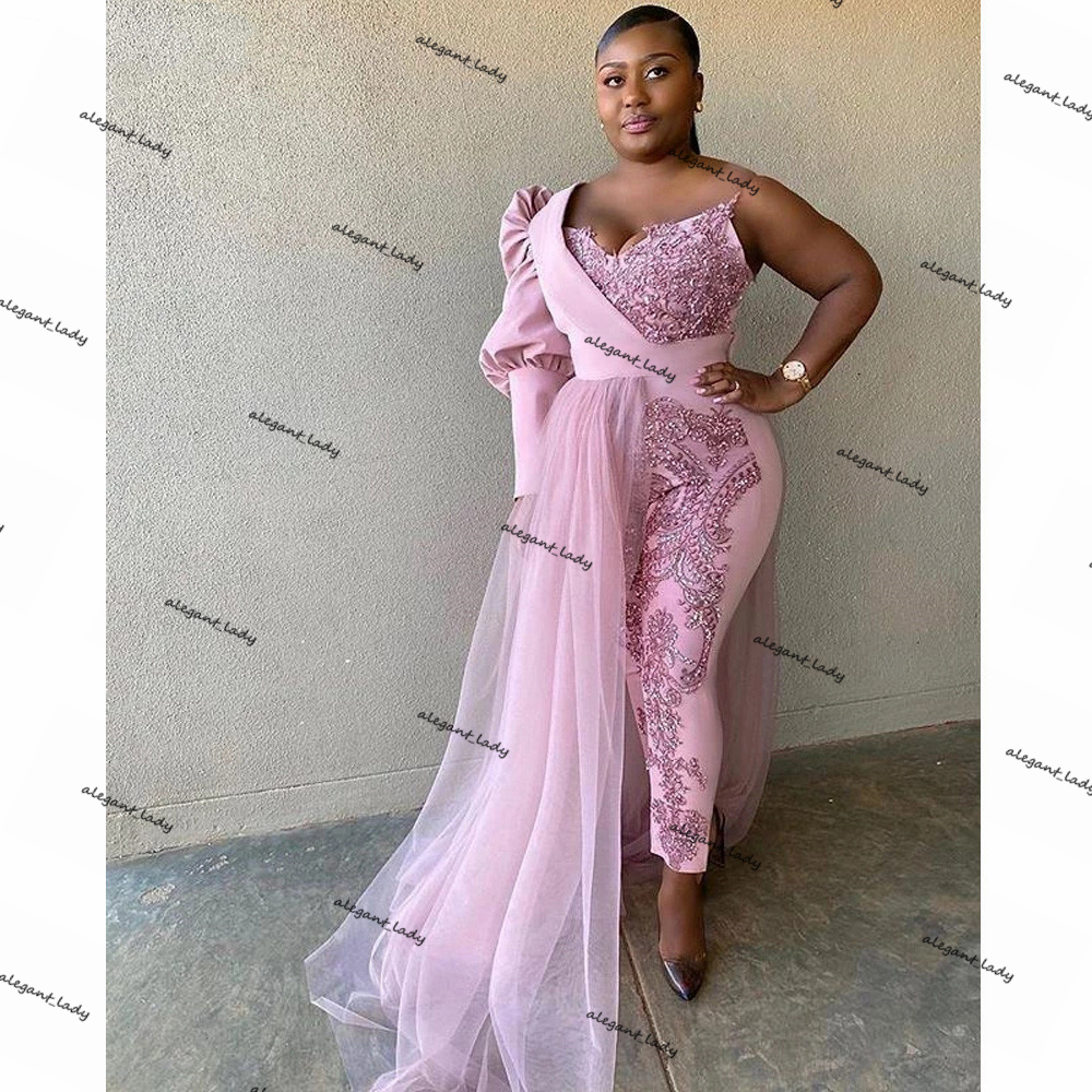 Pink Jumpsuit African Evening Dresses One Shoulder Sequined Appliques Plus Size Prom Dress pant suit Robes De Soirée Formal