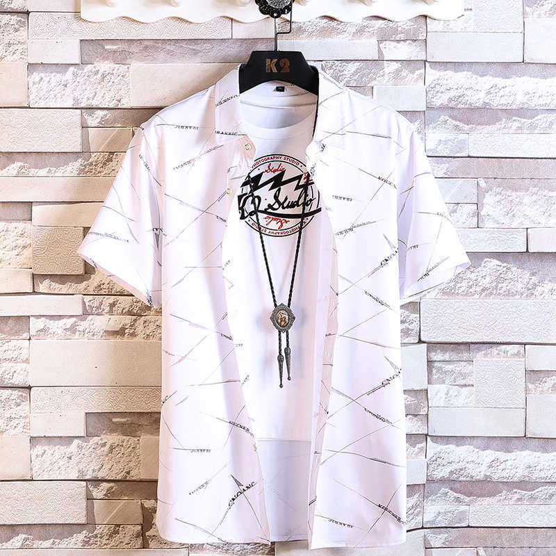Fashion Design White Black Short Sleeve Casual Shirt Men's Print Beach Blouse 2021 Summer Clothing Plus Asian Size 5XL 6XL 7XL P0812