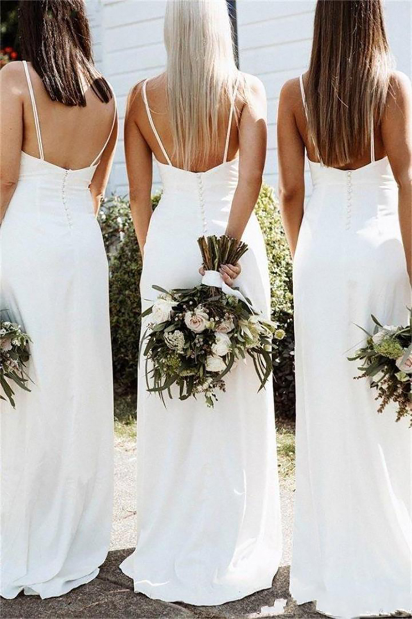 2021 Cheap Simple Bohemian Sheath Bridesmaid Dresses Front Slit Spaghetti Straps Beach Wedding Guest Dresses Maid of Honor Gowns Boho Robes