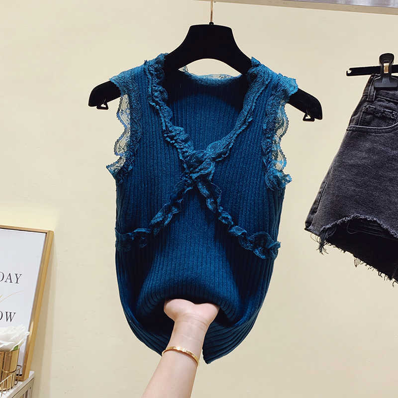 Sleeveless Solid Blouse Summer Spring Casual V-neck Thin Knitted Vest Women's Shirt Fashion Loose Ladies Tops Blusas 13637 210528wtt