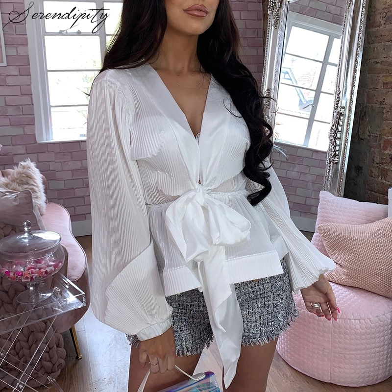 Chiffon Pleated Ruffle Female V Neck Blouse Shirt for Women Feminina Lantern Sleeve Elegant Chemisier Top Blusa Chemise Femme 210225
