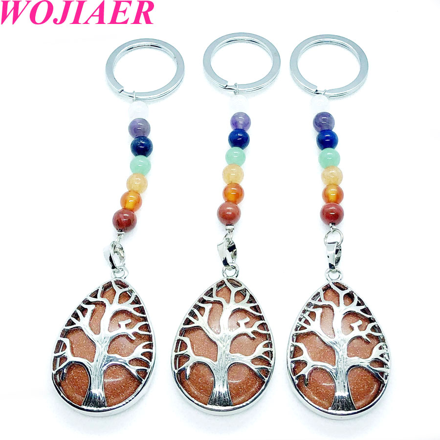 WOJIAER 7 Chakra Water Drop Natural Stone Pendant Key Rings Keychain Tree of Life Keyring Holder Men Women Birthday Gift BW910