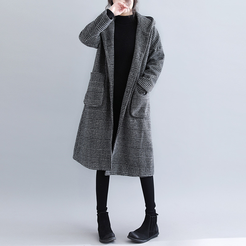 Autumn Winter Plaid Woolen Coat Women Plus Size Fashion Vintage Loose Single-breasted Hooded Long Outerwear Female Clothing