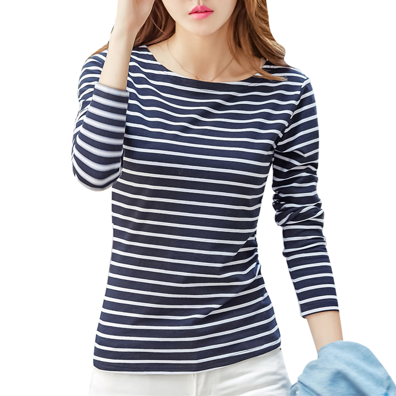 Soperwillton Cotton T-shirt Women 2022 Autumn Long Sleeve O-Neck Striped Female T-Shirt White Casual Basic Classic Tops #620 220226