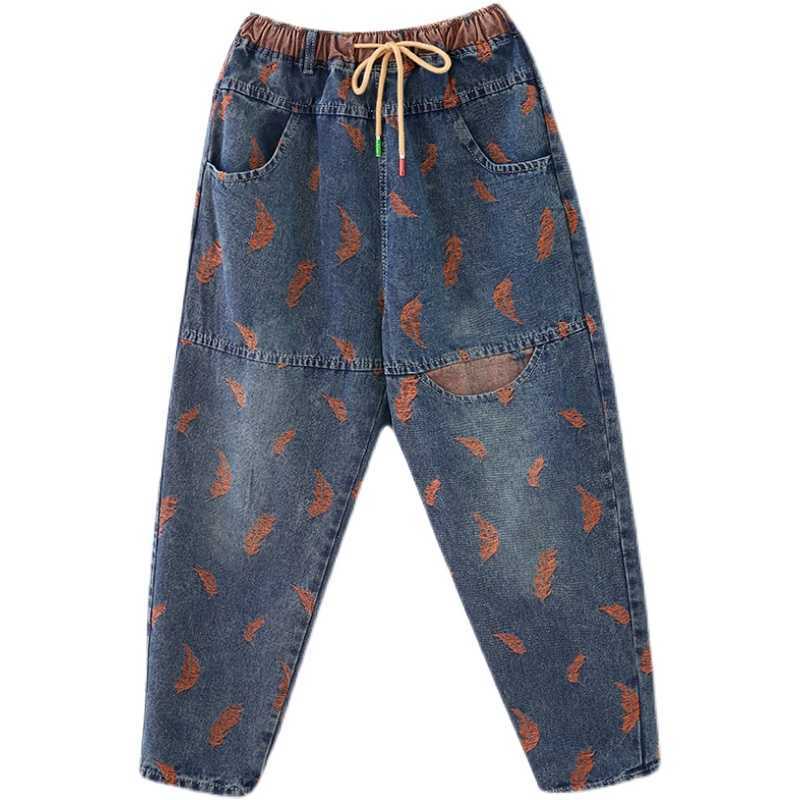 Oversize Jeans For Women Spring Street Feather Embroidery Color Contrast Loose Thin Drawstring Pocket Elastic Waist Denim Pants 210922