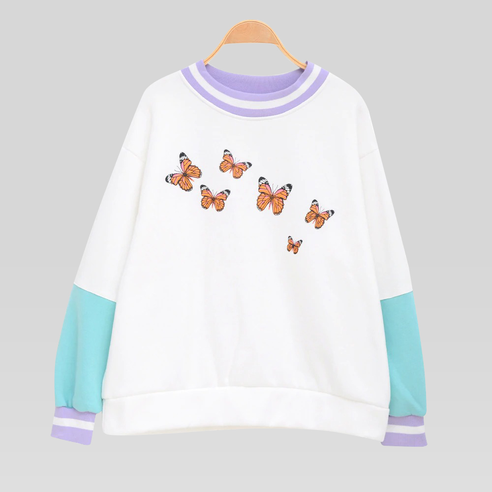Womens Clothes Hoodies Sweatshirt Young Girls Cute Butterfly Loose Autunm Tops Women Long Sleeve Warm Fleece Pullover White Blue 201204