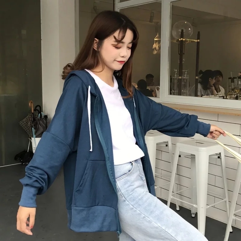 With Hat Hoodies Women New Spring Ulzzang Loose Zipup Thin Womens Clothing Pure Sideslit Chic Leisure Fashion Girl Sweatshirts T200525